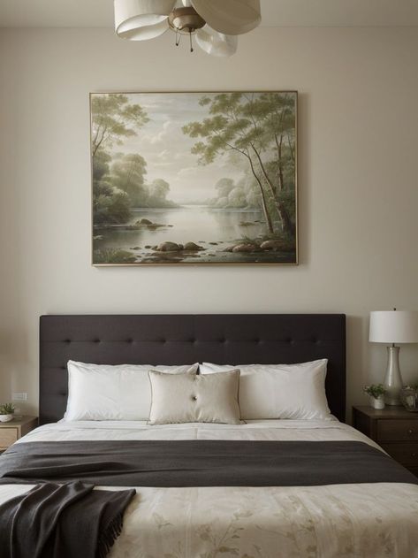 Create a calming oasis with nature-inspired artwork for your bedroom. Hang a serene landscape painting above your bed and complement it with botanical prints on the walls for a touch of tranquility. Paintings Above Bed, Bedroom Artwork Above Bed, Artwork Above Bed, Painting Above Bed, Serene Nature, Serene Landscape, Bedroom Artwork, Above Bed, Landscape Painting