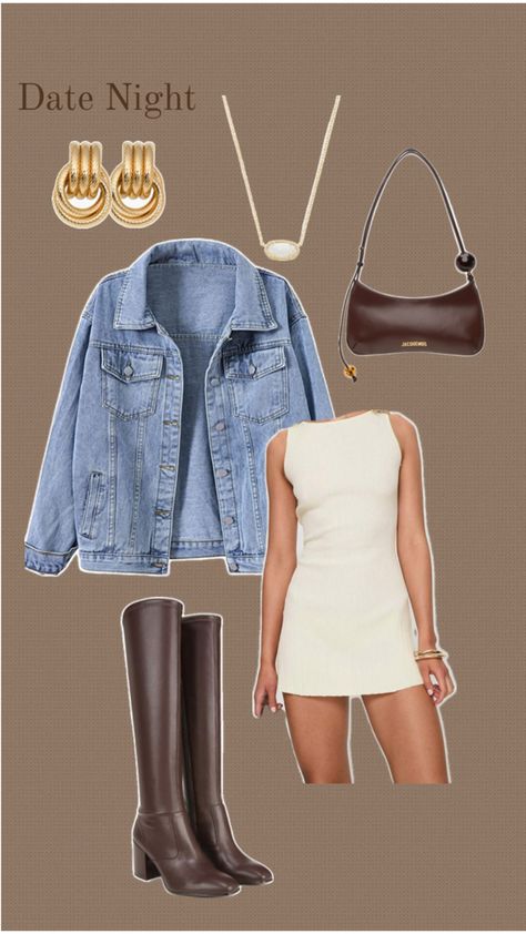 #datenight #fit #brown #boots #jeanjacket #whitedress #gold #kendrascott Jean Skirt Brown Boots Outfit, Blue Dress Brown Boots, Simple Outfits With Cowgirl Boots, Halloween Costumes With Brown Boots, Brown Night Out Outfit, Outfits For Mexico In December, Jordan Davis Concert Outfit, Brown Date Night Outfit, Leather Jacket Dress Outfit