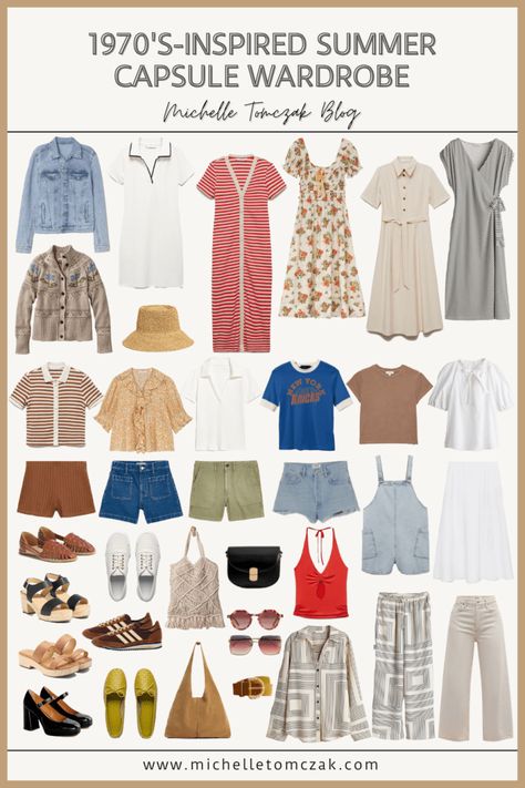 1970's-Inspired Summer Capsule Wardrobe + 18 Outfit Ideas - Michelle Tomczak 1970s Capsule Wardrobe, Retro Capsule Wardrobe, 10 Piece Capsule Wardrobe, Fashion Decades, Red Striped Dress, Casual Chic Summer, Mid Century Fashion, 70’s Fashion, Summer Capsule