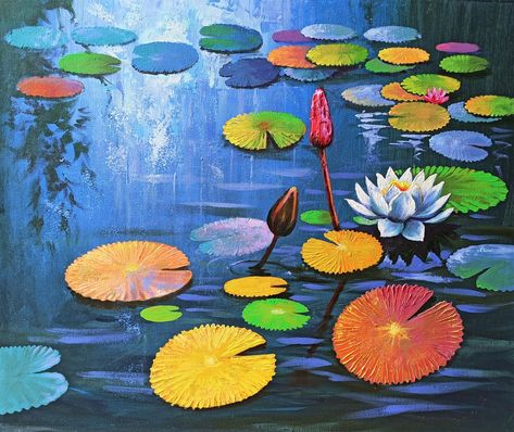 Painting Lotus, Lotus Flower Painting, View Painting, Gond Painting, Pond Painting, Lotus Painting, Acrylic Painting Flowers, Impasto Painting, Krishna Painting