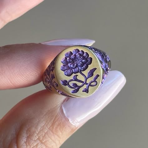 Peony Jewelry, Peony Ring, Castro Smith, Wax Seal Ring, Signet Ring Women, Engraving Jewelry, Purple Ceramic, Purple Ring, Wax Carving