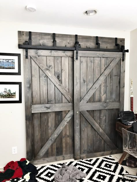 DIY BYPASS CLOSET BARN DOORS FOR $70 EACH USING TONGUE AND GROOVE Double Sliding Barn Doors, Bypass Barn Door, Barn Door Closet, Diy Sliding Barn Door, Double Barn Doors, Diy Barn Door, Diy Closet, Door Makeover, Interior Barn Doors