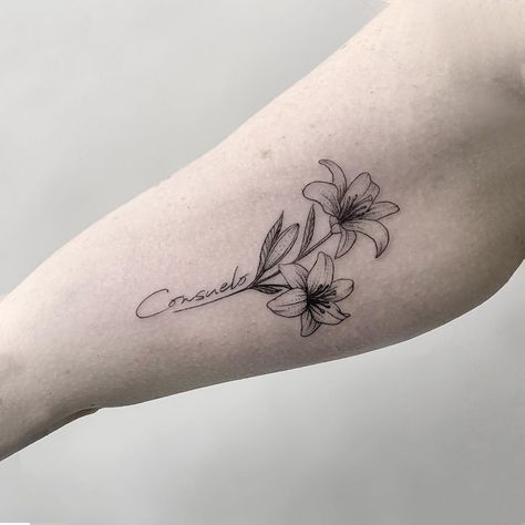 Lily Flower With Name Tattoo, Lily Memorial Tattoos, Lily With Name Tattoo, Lilly Tattoo With Name, Consider The Lillies Tattoo, Lily Tattoo With Name, Lily Name Tattoo, Memorial Mom Tattoos, Mother Memorial Tattoos Mom