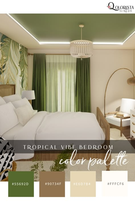 Color Palette Ideas - Tropical Vibe Bedroom Relaxing Color Palette Bedrooms, Room Colour Theme Ideas, Tropical Bedroom Color Schemes, Zen Bedroom Colors Colour Palettes, Bedroom Inspirations Tropical, Tropical Interior Color Palette, Color Theme For Room, Best Bedroom Color Palette, Green Palette Bedroom Ideas