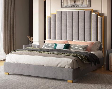 Albott King Size Platform Bed Frame, 65" Velvet Upholstered Bed with Gold Trim Headboard/Wooden Slats/No Box Spring Needed/Grey Velvet Bed Frame, King Size Platform Bed, Furniture Studio, Gold Bed, Velvet Upholstered Bed, Queen Size Platform Bed, Modern Platform Bed, Dream Furniture, King Size Bed Frame