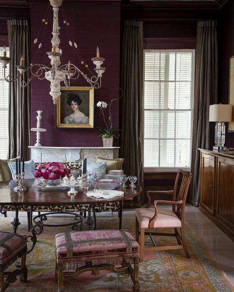 Inside a Luxury Linen Designer's Jewel Box Home in New Orleans' Historic Garden District | PaperCity Magazine New Orleans Interior, New Orleans Interior Design, Purple Dining, Purple Dining Room, Boutique Interiors, Ceiling Paint Colors, Fine Paints Of Europe, Pink Rooms, Southern Cottage