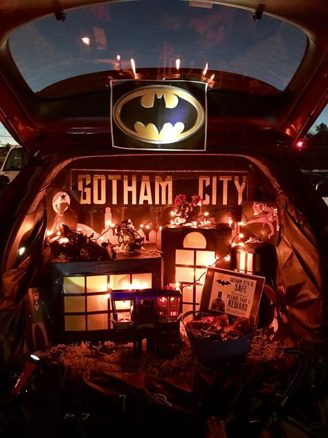 Gotham City Trunk Or Treat Ideas, Dc Trunk Or Treat Ideas, Batman Theme Trunk Or Treat, Justice League Trunk Or Treat, Batcave Trunk Or Treat, Arkham Asylum Trunk Or Treat, Joker Trunk Or Treat Ideas, Gotham City Trunk Or Treat, Trunk Or Treat Batman