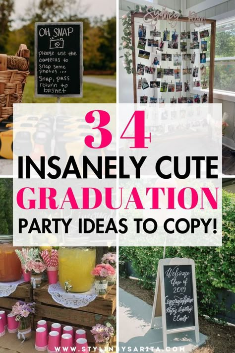 Are you trying to plan the best grad party everyone will love? I've gathered 34 epic graduation party ideas, high school graduation party decor ideas and college graduation party ideas decorations you'll want to recreate! Party Aesthetic Graduation, Creative Grad Party Ideas, Senior Grad Party Picture Board, Display Pictures At Graduation Party, Picture Collage For Graduation Party, Graduation Dance Party, Senior Girl Graduation Party Ideas, Graduation Party On A Budget Diy, House Graduation Party Ideas