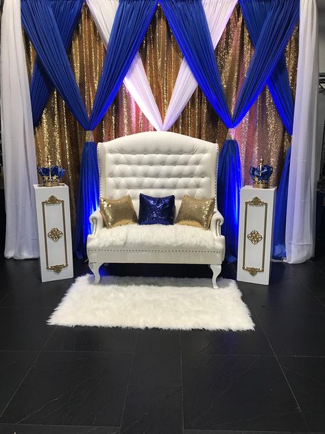 Royal Blue And Gold Backdrop Ideas, Royal Blue Gold And White Backdrop, Throne Chair Backdrop, Royal Blue Gold And White Party Decor, Royal Blue And Gold Backdrop, Royal Blue Wedding Backdrop, Blue And Gold Wedding Backdrop, Gold And White Curtains, Blue And Gold Backdrop