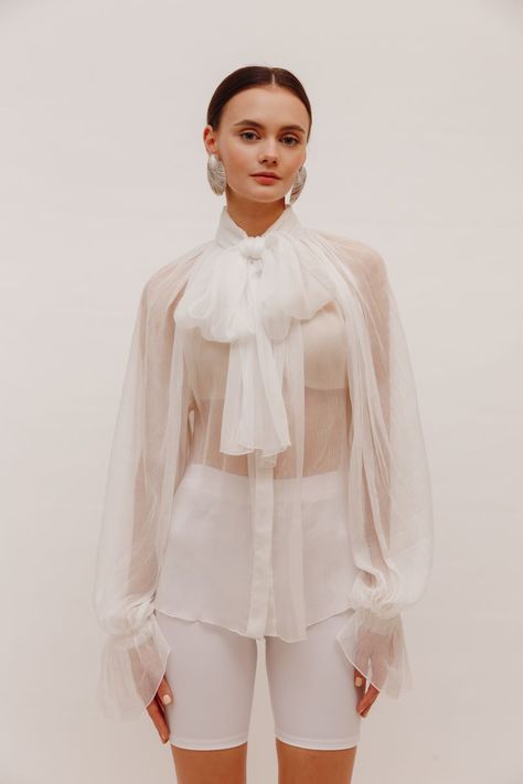 Zoom - WHITE SILK CHIFFON shirt with attached scarf Chiffon Scarf Outfit, White Chiffon Blouse, Silk Chiffon Blouse, Ladies Chiffon Shirts, Chiffon Shirt Blouse, Basic Blouses, Scarf Outfit, Eid Dresses, Chiffon Scarf