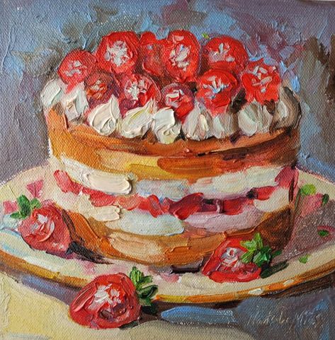 Oil painting on stretched canvas "Strawberry cake".  Original painting, not print.  Size: 8x8 inches.  Artist: Natali Miasnikova. Instagram: @MountainFogArt. The painting is signed by the artist.  When sending the painting will be carefully packed.  There are many more interesting paintings in my gallery.  Welcome! Famous Food Paintings, Small Oil Painting Ideas, Strawberry Cake Painting, Food Painting Ideas, Food Painting Acrylic, Realistic Food Painting, Picnic Collage, Cake Oil Painting, Cakes Painting