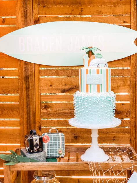 Catch a Wave this Summer with these Surfer-Themed First Birthday Party Ideas — Mint Event Design Vintage Surf Party, Surf Cake Ideas, The Big One Surf Birthday Cake, Surf Birthday Cake, Surfs Up Birthday Party, Beachy Cake, Big One Cake, Surf Cake, Surf Birthday Party