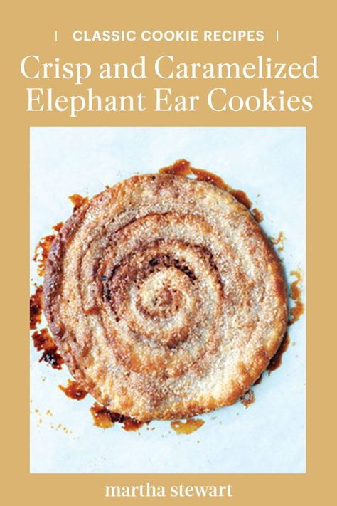 Making elephant ear cookies is easier than their coiled design might suggest. Spread the pecan-cinnamon mixture on store-bought puff pastry, and then roll, slice, flatten, and coat with sugar. They emerge from the oven crisp and caramelized, making them an instant family holiday cookie favorite. #marthastewartliving #holidaydessert #easydessertrecipe #holidayrecipes #thanksgivingdesserts Sourdough Elephant Ears, Elephant Ears Dessert, Elephant Ear Dough Recipe, Puff Pastry Elephant Ears Recipe, Elephant Ears Cookies Recipe, Elephant Ear Cookies Puff Pastry, Elephant Ear Pastry, Elephant Ear Cookies, Elephant Ears Recipe