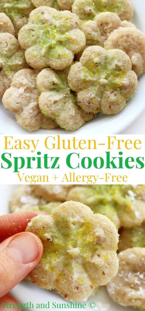 Gluten Free Spritz Cookies, Dairy Free Sugar Cookies, Allergy Free Baking, Dairy Free Deserts, Butter Spritz Cookies, Vegan Gluten Free Cookies, Spritz Cookie Recipe, Vegan Christmas Cookies, Gluten Free Egg Free