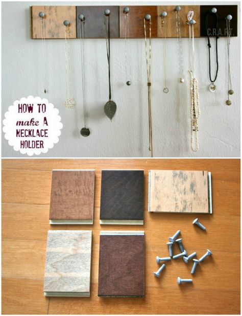 Create a jewelry organizer with a few things you can pick up at a hardware store or find in your home.  :D Samples Diy, Diy Necklace Holder, Diy Jewelry Organizer, Jewerly Organizer, Flooring Samples, Diy Storage Rack, Vintage Jewelry Diy, Diy Jewelry To Sell, Diy Organizer