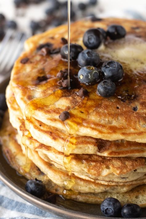 Blueberry Buttermilk Pancakes with Chocolate Chips! - Pip and Ebby Fluffy Buttermilk Pancake Recipe, Recipe With Chocolate Chips, Chocolate Chips Recipe, Pip And Ebby, Buttermilk Pancakes Recipe, Chocolate Chip Pancakes Recipe, Banana Chocolate Chip Pancakes, Blueberry Buttermilk Pancakes, Blueberry Pancakes Recipe