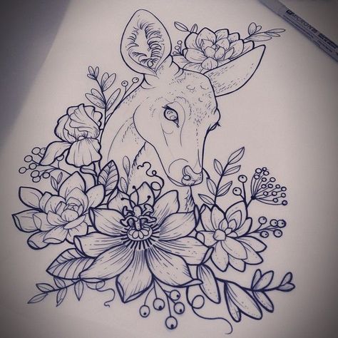 Fawn Tattoo, Deer Head Tattoo, Doe Tattoo, Deer Tattoo Designs, Owl Tattoo Drawings, Orchid Drawing, Digital Colouring, Deer Tattoo, Instagram Drawing