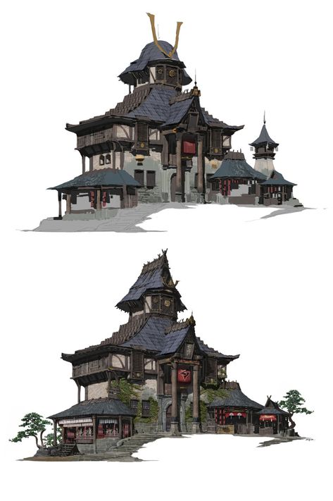 The story is this house belong to a traveler from far east but located in a fantasy world . So the architectural style contains both european style and oriental style.Hope the steps are useful. Concept Inspiration, House Concept, Stone Town, Bg Design, Asian Architecture, Building Concept, Building Art, Fantasy House, Fantasy City