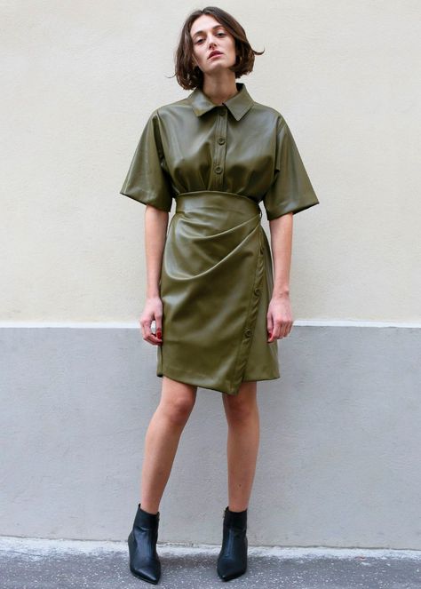 Green Leather Dress Outfit, Khaki Green Outfit, Leather Shirts, Leather Dress Outfit, Leather Shirt Dress, Office Clothes, Color Board, Velvet Clothes, The Frankie Shop