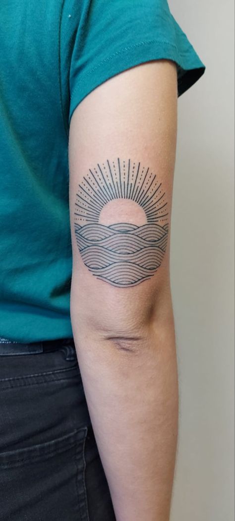 Sun, tattoo, sea, waves Horizon Sun Tattoo, Round Elbow Tattoo, Lake Sunset Tattoo, Lake Inspired Tattoo, Roadtrip Tattoo Ideas, Sun And Rainbow Tattoo, Sunset Ocean Tattoo, Sun Waves Tattoo, Vintage Sun Tattoo