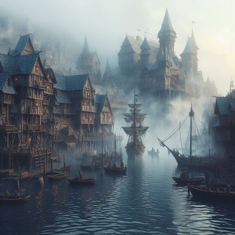 Port City Aesthetic, Waterdeep Aesthetic, Fantasy Coastal City, Pirate City, Fantasy Town, Landscape Photography Nature, Coastal Cities, Fantasy City, Fantasy Castle