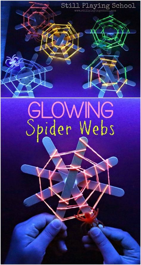 Halloween Kids Crafts, Spider Rings, Spider Web Craft, Glow Crafts, Glow Halloween, Glow Stick Party, Fine Motor Activities For Kids, Craft Sticks, Glowing Art