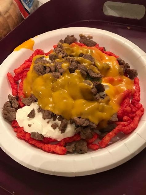 Hot Cheetos, taco meet, cheese and sour cream!! Hot Cheeto Food Ideas, Hot Cheeto Food Combos, Hot Cheetos Nachos, Hot Cheetos Food, Hot Cheetos Chicken, Cheetos Chicken, Healthy Milkshake Recipes, Hot Chips, Cheesy Nachos