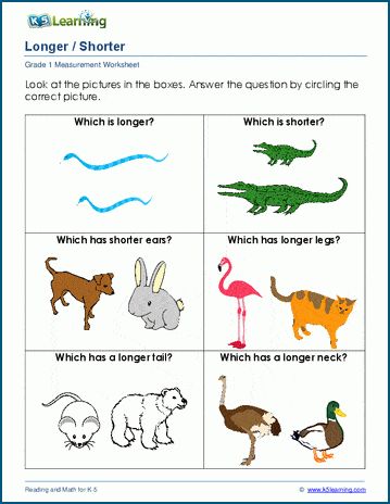 Grade 1 Measurement worksheets focused on understanding "longer" and "shorter". Part of a set of Grade 1 math worksheets related to concepts of length and different methods of measuring length including non-standard units, customary units and metric units. Grade 1 Measurement, 1st Grade Word Problems, Grade 1 Math Worksheets, Log Math, Worksheets 1st Grade, Kindergarten Grammar, Grade 1 Math, Early Science, Measurement Worksheets