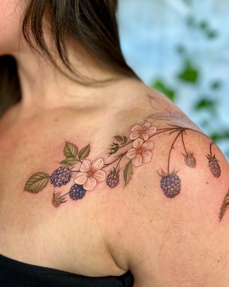 • Blackberries for Renee • I would love to do more chest/collarbone pieces in the future - It’s one of my all time favorite placements… | Instagram Brambley Hedge Tattoo, Mulberry Branch Tattoo, Blackberry Tattoo Color, Blackberry Shoulder Tattoo, Strawberry Shoulder Tattoo, Strawberry Collarbone Tattoo, Cottagecore Chest Tattoo, Vegetable Garden Tattoo, Rosehip Tattoo