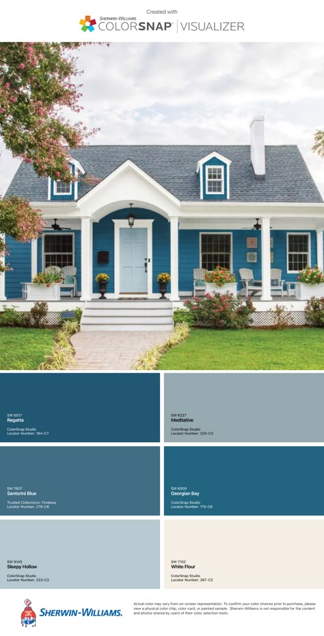 Bright Blue Home Exterior, Lake House Color Palette Exterior, Pale Blue Exterior House Colors, Bright Blue House Exterior, Color House Exterior Ideas, Blue Exterior Paint Colors For House, Blue Beach House Exterior, Light Blue House Exterior, Exterior Color Palettes