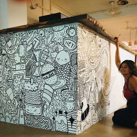 Wall Doodle Art, Doodle Mural, Kids Room Wall Murals, South Goa, Doodle Wall, Doodle Paint, Cafe Wall, Mural Wall, Bar Counter