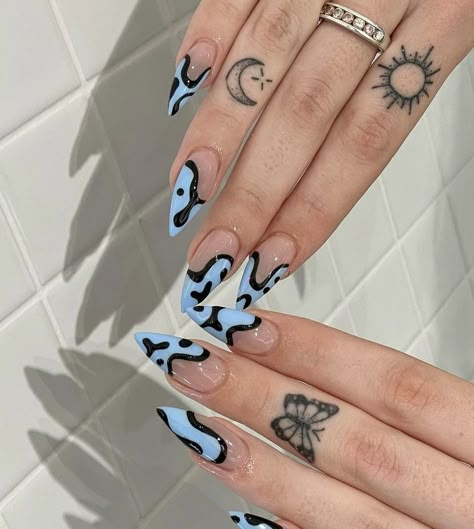 Most Unique Nail Designs, Medium Almond Nail Ideas Summer, Half Nails Design, Neon Goth Nails, Sharp Nails Ideas, His And Her Nails, Nails With Stickers Design, Nails Alternative Style, Silly Nail Art