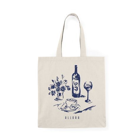 "Allora Wine and Cheese Tote Bag, Hand Drawn Tote Bag, Minimal Tote, Wine and Cheese tote bag, Double Sided Design, A 100% cotton tote bag is the champion of durability, sustainability, and style.  .: Material: 6 oz/yd², 100% natural cotton canvas fabric .: One size: 15\" x 16\" (38.1cm x 40.6cm) .: Convenient self-fabric handles" Summer Tote Bag Design, Tote Bag Drawing, Canvas Tote Bag Design, Tote Bag Inspo, Tote Bags Design, Holiday Tote Bag, Wine And Cheese, Drawing Bag, Summer Tote Bags