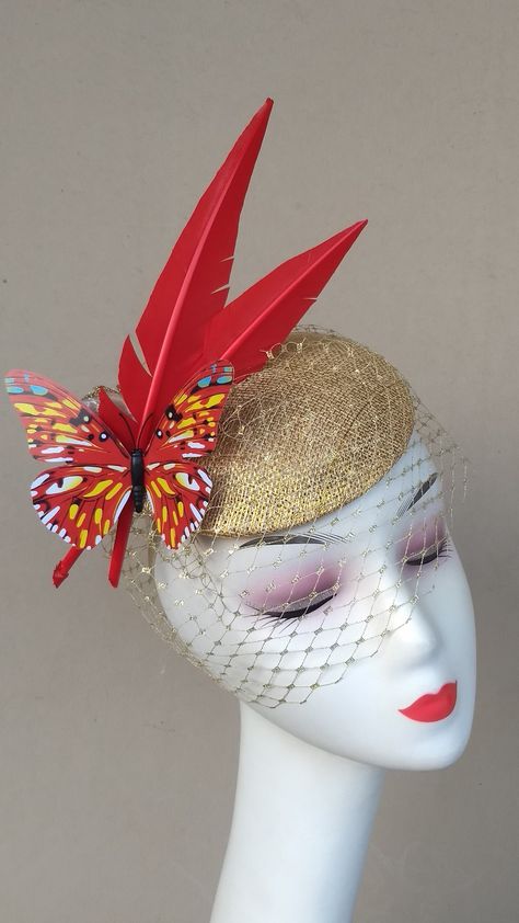 Gold Fascinator, Paper Hats, Box Hat, Crazy Hats, Fascinator Headband, Paper Hat, Turkey Feathers, Head Wear, Pillbox Hat