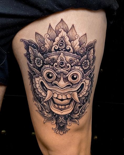 One more Balinese mask for @jayde_comburce For booking and consultation please contact via DM or WhatsApp! #alekseyshapoval #balitattooartist #balitattoo #ubudtattoo #balistyle #sidneytattoo #goldcoastattoo #canggutattoo #balitattoostudio #inkedmag #inkart  #tattooart #tattoo #perthtattoo #bali #artwork #australiatattoo #barong #barongtattoo #mantattoo #darktattoo #blackink Balinese Mask Tattoo, Lion Statue Tattoo, Barong Mask Tattoo, Bali Artwork, Barong Tattoo, Balinese Mask, Australia Tattoo, Lion Statue, Statue Tattoo