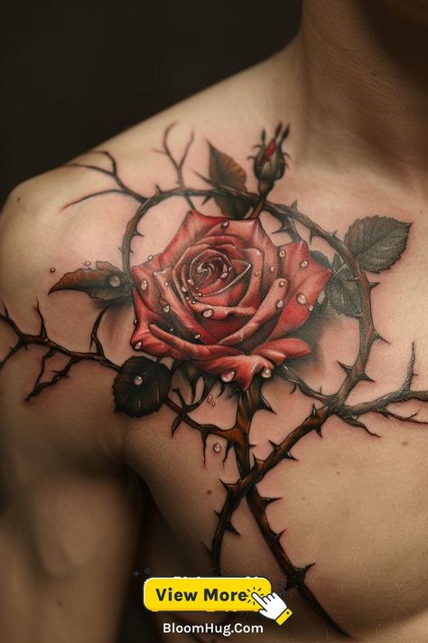 A chest tattoo of a red rose entangled in sharp thorns, symbolizing strength through struggles. Rose With Thorns Tattoo, Rose Tattoo For Men, Tattoo For Men Ideas, Rose With Thorns, Thorns Tattoo, Tattoo Meaningful, Thorn Tattoo, Rose Tattoos For Men, Rose Thorns