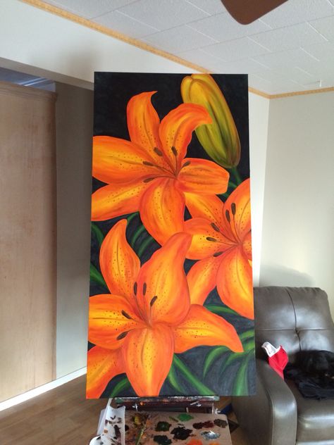 Tiger lilies by chylisse Marchand Tiger Lily Painting, Animal Stencil Art, Tiger Lilies, Gcse Art Sketchbook, Lily Painting, Orange Painting, Psychadelic Art, Oil Pastel Paintings, Landscape Art Painting