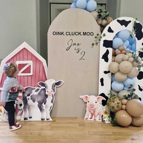 Oink. Cluck. Moo. Jax turned two! @zebraprint_x cut outs are amazing! @diddidancelancaster big thank you for the entertainment, would highly recommend for a little ones party! #balloondecor #farmpartyideas #farm #farmpartytheme #farmpartydecor #barnyardparty #barnyardanimals #oinkmoocluck #oinkcluckmoo #1stbirthday #1stbirthdayparty #1stbirthdayideas #2ndbirthday #2ndbirthdayparty #farmballoons #cowprint Oink Baa Moo Im Two Party Decorations, Oink Cluck Moo 2nd Birthday, Moo 2nd Birthday, Farm Themed Party, Farm Themed Birthday Party, Barnyard Party, Moo Moo, Barnyard Animals, Farm Party