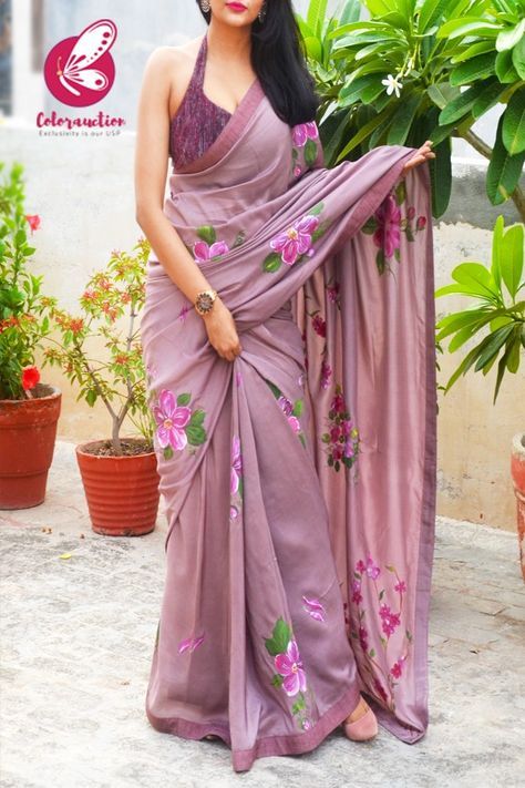 Mauvish Hand Painted Floral Pure Silk Chiffon Saree - Sarees Hand Painted Sarees Floral, Sifon Saree, Saree Designs Latest, Pure Cotton Sarees, Painted Saree, Pure Chiffon Sarees, Cotton Saree Blouse Designs, Sarees For Girls, Pure Georgette Sarees