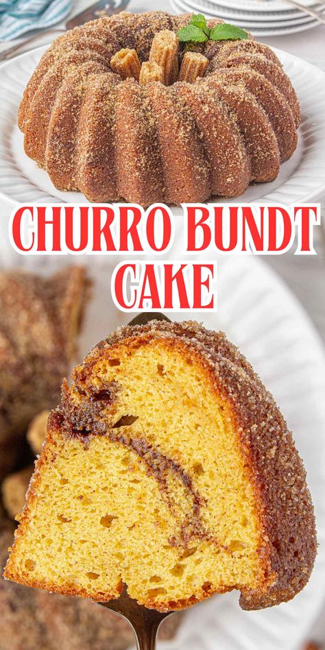 Churros Bundt Cake infused and coated with cinnamon-sugar, giving it that classic churros crunch and sweetness! Easy and delicious! Guava Bundt Cake, Churros Cake Recipe Easy, Cinnamon Churro Cake, Churro Bundt Cake Recipes, Churro Cake Recipe Easy, Churro Cake With Box Cake, Churro Inspired Desserts, Thanksgiving Bundt Cake Ideas, Churro Bundt Cake