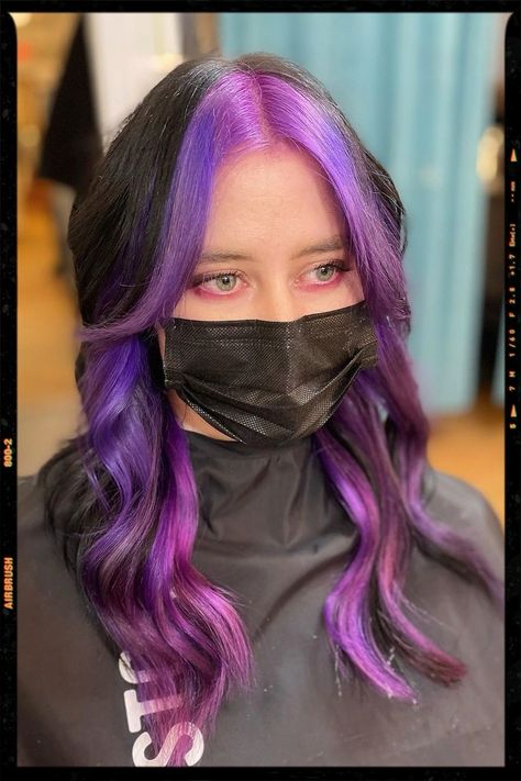 Hair Color Idea Purple Hair Front Strands, Front Hair Dyed Streaks Blue, Black Hair With Purple Halo, Blue And Purple Money Piece Hair, Purple Hair Front Pieces, Brown Hair With Purple Peekaboos, Underdye Hair Purple, Purple Hair Dye Ideas For Brunettes, Purple Hair Strands