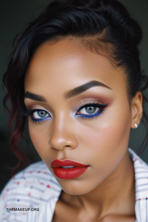 Stunning Festive 4th of July Makeup Ideas Red White And Blue Makeup Simple, Blue Makeup Red Lips, Labor Day Makeup, Blue And Red Eyeshadow Looks, Blue Red Makeup, Blue Eye Looks, Red White And Blue Makeup, 4th Of July Makeup Ideas, 4th Of July Makeup Looks