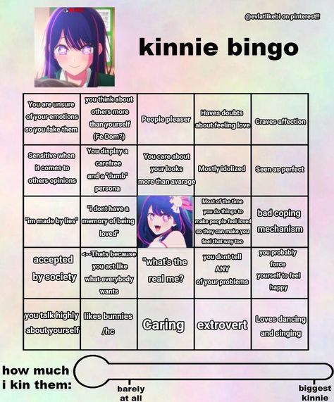 Oshi No Ko Kinnie Bingo, Anime Kinnie Bingo, Jjk Kinnie Bingo, Anime Kinnie, Anime Bingo, Character Bingo, Charlie Core, Kin Bingo, Fun Templates