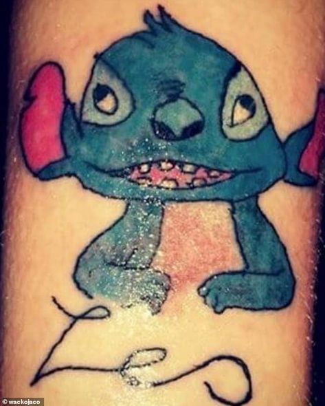 Oh dear! This tattoo was meant to be Stitch from the Disney hit Lilo and Stitch but it is not the greatest copy of the character Disney Tattoos For Men, Tv Show Tattoos, Lilo And Stitch 3, Disney Stitch Tattoo, Lilo And Stitch Tattoo, Cool Little Tattoos, Disney Tattoo Ideas, Tattoos Unique Meaningful, Tiki Tattoo