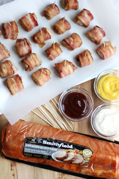 These bacon wrapped pork loin bites are crispy and juicy, come together in 30 minutes and are a the perfect party appetizer! Smoked Pork Bites, Pork Loin Appetizer Recipes, Pork Loin Bites Recipes, Pork Loin Appetizers, Pork Loin Bites, Sunday Rituals, Bbq Pork Loin, Bacon Wrapped Pork Loin, Bacon Wrapped Pork Chops