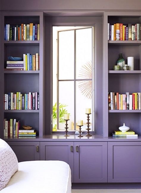 Bookcases in Every Color of the Rainbow | Apartment Therapy Lavender Library, Purple Library, Purple Bookshelves, Angie Hranowsky, Purple Furniture, Annette Funicello, Country Cottages, Bookcase Design, Zen Space