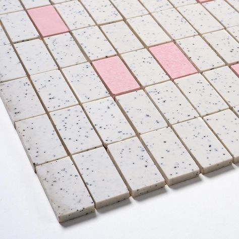 This through body porcelain (the color is dyed-through) floor tile is grey or black and white peppered and shades of pink in color, each sheet is 12.75" x 25", 3/16 thick", manufactured in Japan in the 1960s. This tile is meant to be set with the paper up as shown in the photos. Each lot has 20 square foot coverage from 9 sheets of tile. 600 square feet available.  I sell rare, original, vintage wall and floor tile from the 1940s - 1980s. Commonly known as deadstock, my tile is unused and each piece has been inspected and is ready for use. Pink Cement Tile, Anne Sacks Tile Bathroom, 1940s Tile, Sticky Floor Tiles, 1950s Tile, Mid Century Modern Tile, Square Tile Bathroom, Tiles Wall Design, Vintage Wall Tiles