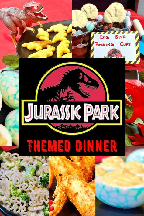 Jurassic Park Themed Dinner - Inspiring Magical Memories Jurassic Park Theme Party Food, Movie Night Food Ideas For Kids, Jurassic World Movie Night, Dinosaur Themed Meals, Dinosaur Menu Food Ideas, Jurrasic Park Themed Dinner, Movie Themed Dinners Ideas, Movie Night Recipes Dinners, Jumanji Dinner And A Movie