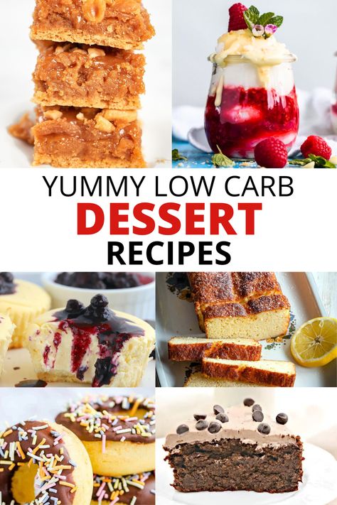 Collage of 6 low carb desserts, text: Yummy low carb dessert recipes. No Sugar Low Carb Desserts, Low Sugar Chocolate Desserts, Low Carb Sweet Treats, Low Carb Low Sugar Desserts, Low Carb Low Calorie Recipes, Keto Tiramisu, Low Carb Dessert Recipes, Low Carb Chocolate Mousse, Low Carb Chocolate Cake