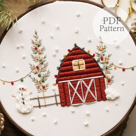 PDF Pattern 6 Christmas Barn Step by Step Beginner Embroidery Pattern With Youtube Tutorials - Etsy Seasonal Embroidery Patterns, December Embroidery, Christmas Tree Embroidery Patterns, Easy Christmas Embroidery, Sewing Christmas Projects, Fall Embroidery Patterns, Winter Hand Embroidery, Christmas Sewing Ideas, Free Christmas Embroidery Patterns